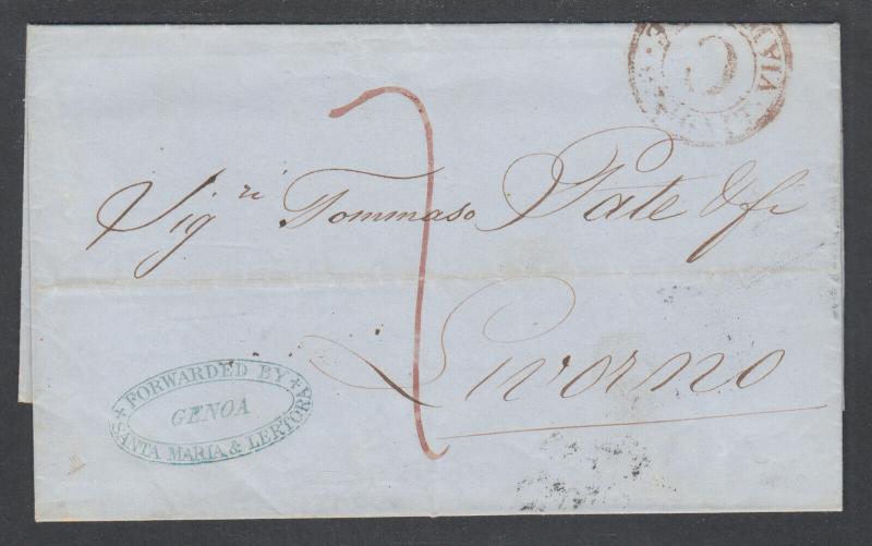 Italy, 1855 Stampless GENOVA-LIVORNO by Santa Maria & Lertora Forwarding Agent