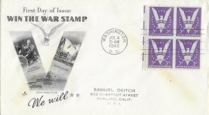 1942 FDC, #905, 3c Win the War, Art Craft, block of 4