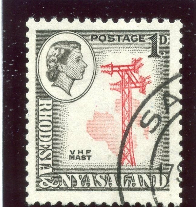 Rhodesia & Nyasaland 1959 QEII 1d carmine-red & black (p12½x14) VFU. SG 19a.