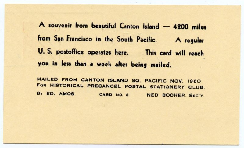 Canton Island Mailers Postmark Permit on airmail postal card, 1960