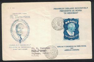 Brazil Franklin D Roosevelt MS WITH WATERMARK on FDC RAR! 1949 SC#C76a