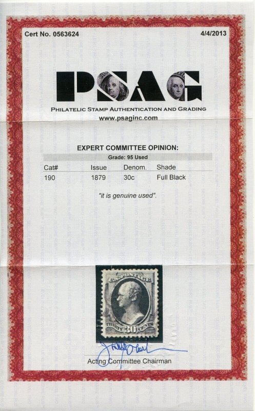 US SCOTT #190 USED-XF-SUPERB GRADED 95 W/ PSAG CERT SMQ $825