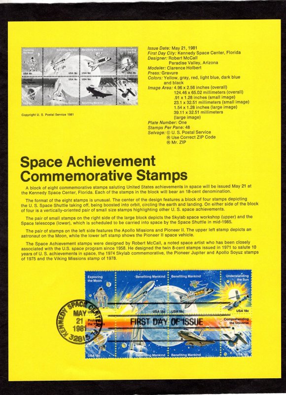 SP555 Space Achievement, FDC Souvenir Page blk/8 (#1919a)