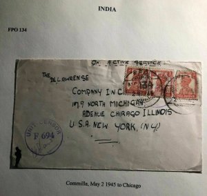 1945 India Forces PO 134 Censored On Active Service Cover To New York USA