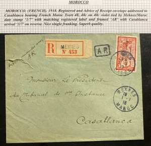 1918 Meknes French Morocco Registered Cover To Tribunal Casablanca