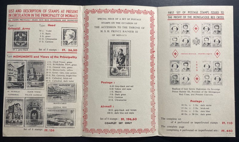 1950s Monaco First Day Brochure Cover List & Description Of Stamps