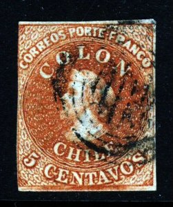 CHILE 1855 5c. COLON SECOND LONDON PRINTING Chile #7 Scott # 8 SG 17 Watermark 2