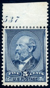 US 216 5c 1888 James A. Garfield indigo unused plate 537 single F-VF OG HR