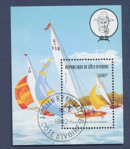 IVORY COAST - Scott 635, Michel BL22 - used - Sailboat, Boy Scouts - 1982