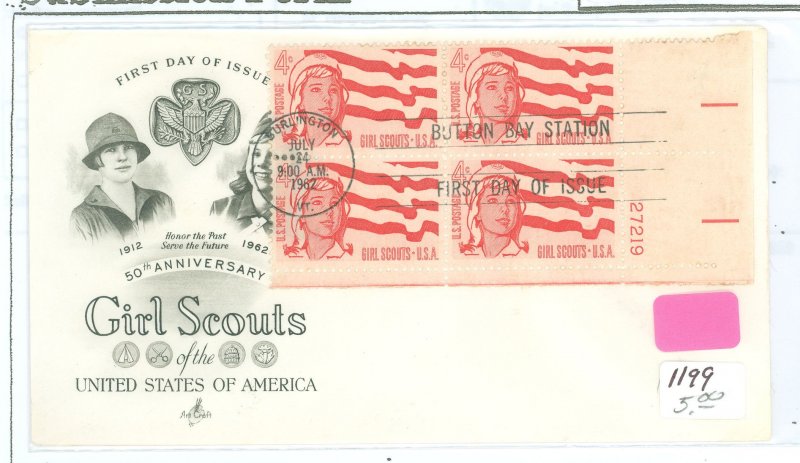 US 1199 1962 Girl Scouts FDC; plateblock of 4 #27219 LR