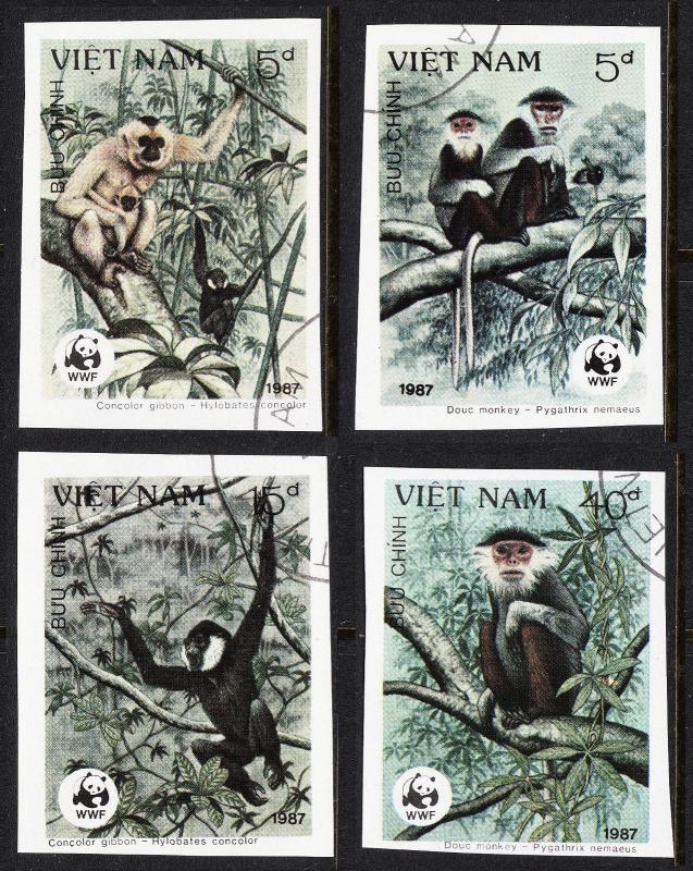VIETNAM — SCOTT 1761-1764 — 1987 WWF PRIMATES SET — IMPERF — USED — SCV $12.25