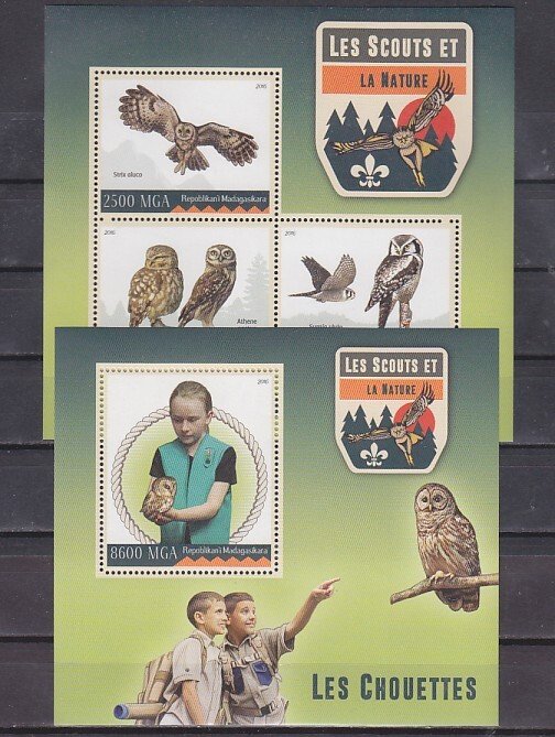 Malagasy Rep., 2016 issue. Scouts & Owls sheet of 4 and s/sheet. ^