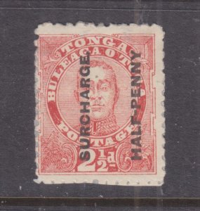 TONGA, 1895 HALF PENNY on 2 1/2d. Vermilion, mint no gum, paper on reverse.