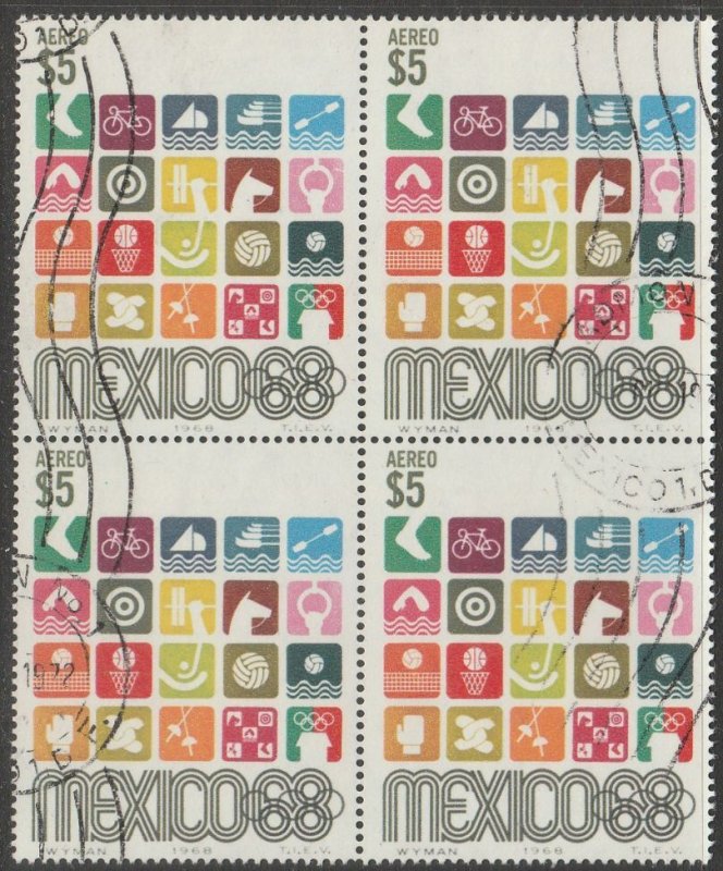 MEXICO C343, $5Pesos 1968 Olympics, Mexico City USED, BLOCK OF 4. VF. (561)