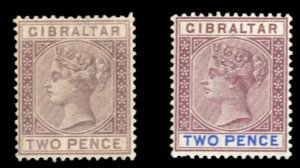 Gibraltar #12-13 Cat$65, 1886-98 2p brown violet and 2p brown violet and ultr...