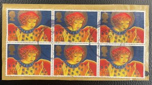 GB #1834 Used Block of 6 on Paper - 20p Christmas Angels 1998 [CVR202]