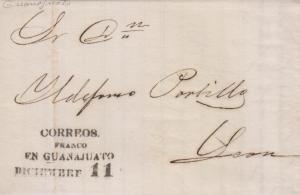 G)1860 MEXICO, CORREOS FRANCO EN GUANAJUATO SELLO NEGRO, CIR