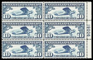 Scott C10 1927 10c Lindbergh Airmail Plate Block of 6 Mint F-VF NH Cat $130