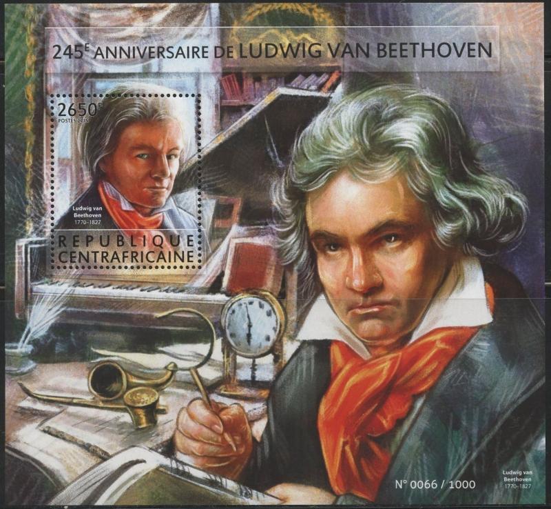 CENTRAL AFRICA 2015 245th BIRTH ANNIVERSARY OF LUDWIG VAN BEETHOVEN S/S MINT NH
