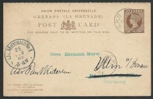 GRENADA 1908 QV 1½d + 1½d reply postcard used to Germany...................61055