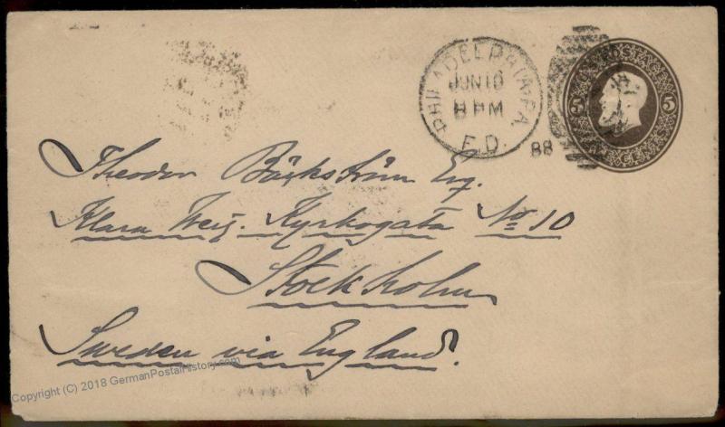 USA 1888 Philadelphia FD Stockholm Sweden 5c Stationery U222 Transatlantic 87587