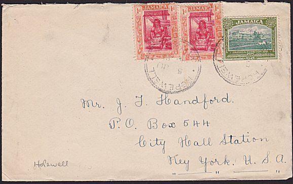 JAMAICA 1923 cover to USA - HOPEWELL cds....................................7467