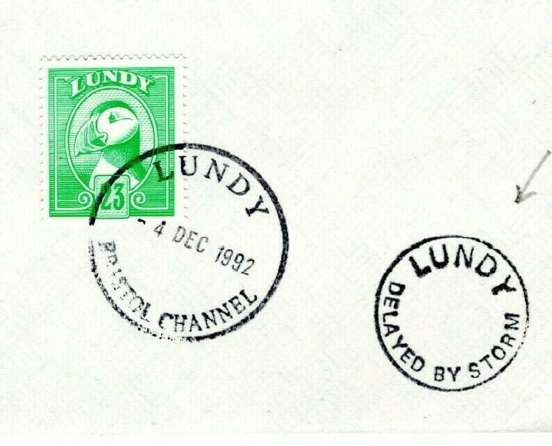 GB Devon Cover LUNDY 23 Puffin Stamp Ilfracombe *DELAYED BY STORM* 1992 PE36 