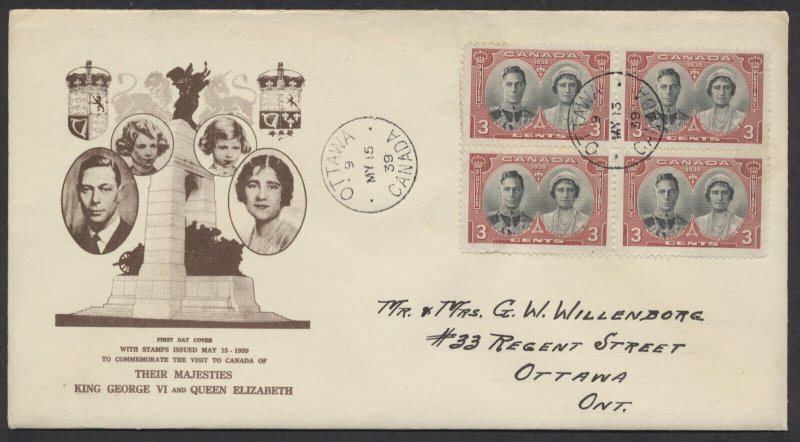 1939 #246-248 3 Royal Visit FDCs Blocks War Memorial Cachet Ottawa CDS