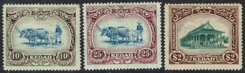 KEDAH 1921 PICTORIAL 10C 25C AND $2 WMK MULTI SCRIPT CA