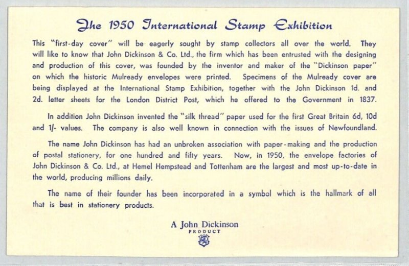 GB Postcard MULREADY DERIVATIVE 1950 Stamp Exhibition DICKINSON Advert XE64