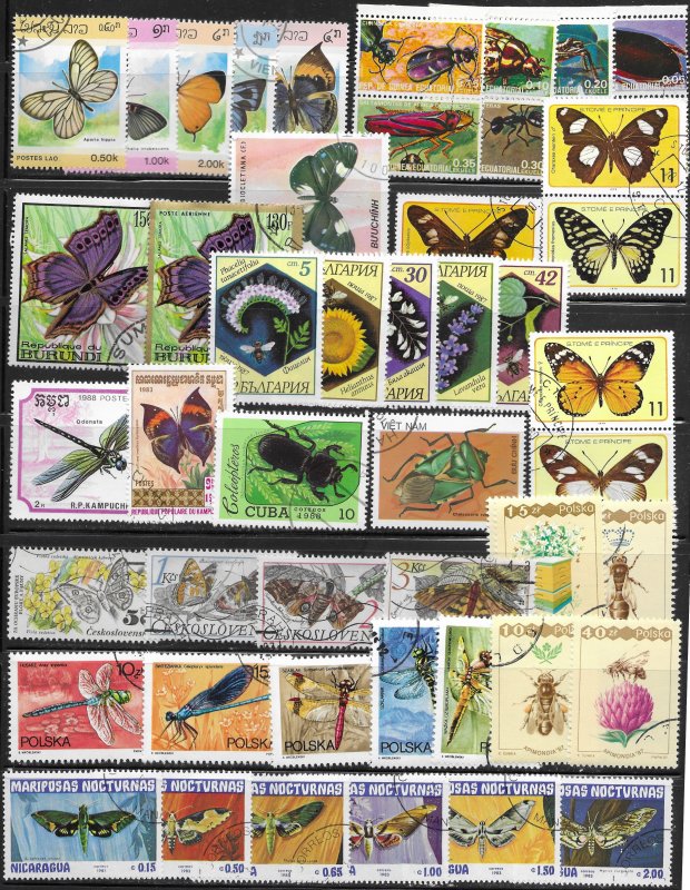 Insects Topical.  50 different insect stamps - Nicaragua, Poland, Laos, and more