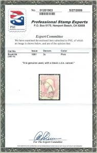 64 Used,  3c. Washington, True Pink, w/Cert. scv: $850