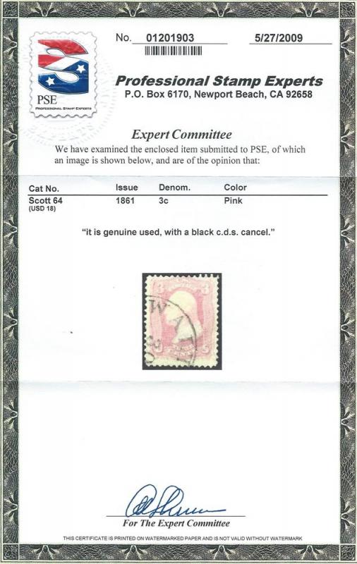 64 Used,  3c. Washington, True Pink, w/Cert. scv: $850