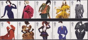 Sc# 3018  / 3027 Great Britain 2012 GB Fashion full MNH strip set CV $17.50