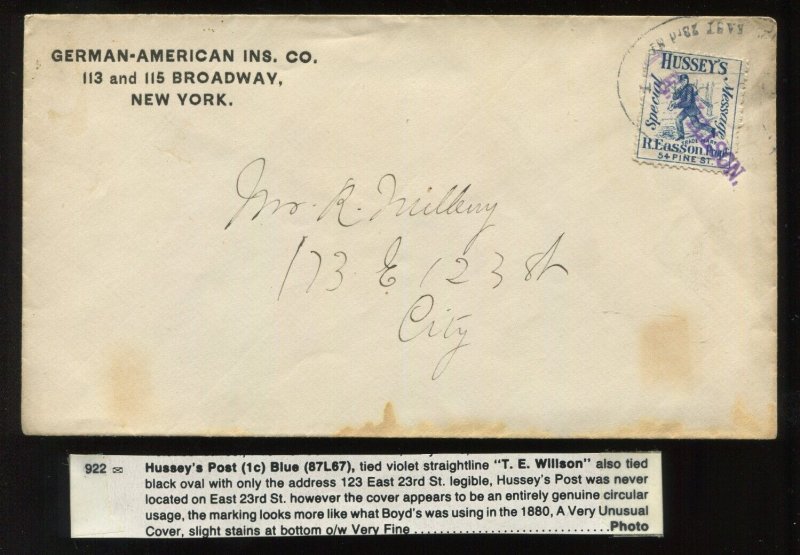 87L67 Hussey's Post New York Local Stamp on Cover w/T.E.WILLSON' CCL (LV 1522)