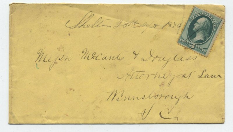 1870 Shelton SC manuscript postmark 3ct banknote cover [H.1247]