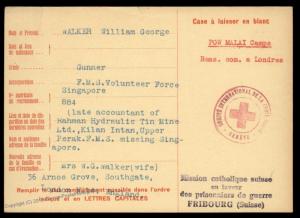 UK 1943 Singapore Japanese POW Malaya Camp Red Cross Cover Catholic Switze 89266