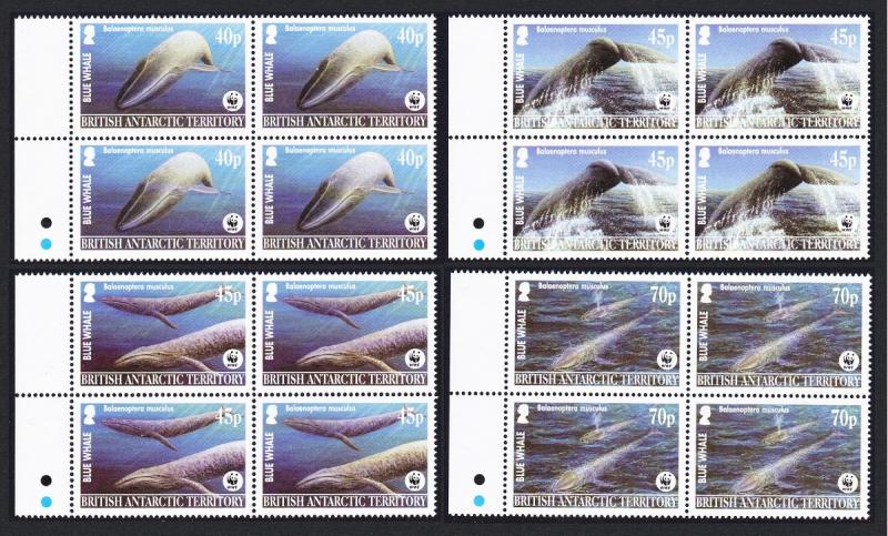 BAT WWF Blue Whale 4v Blocks of 4 Left Margins SG#361/64 SC#326-29 MI#353-56