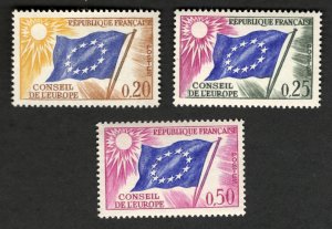 France Sc #107-09 - Conseil de L'Europe, Flag MNH postage stamp set