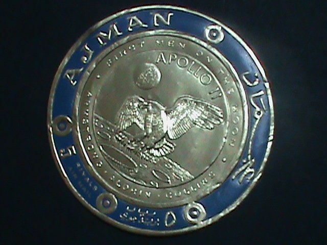 ​AJMAN-AIRMAIL-FIRST MAN ON THE MOON-APOLLO 11-ALUMINIUM REPLICA ROUND STAMP