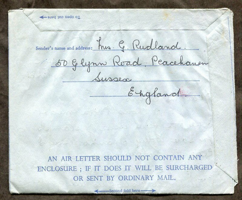 h97 - GB Bright & Hove 1962 Air Letter to Canada. Uprated