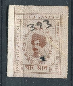 INDIA; 1913-18 early KISHANGARH local Imperf issue fine used shade of 4a. value