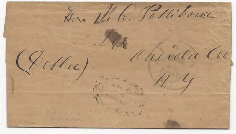 US Stampless Cover Albany, NY PAID PM of the Assembly Cancel