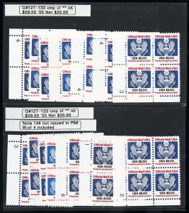US Stamps # O127-33 Official MNH XF 5 Sets of Plate Blocks Scott Value $297.00