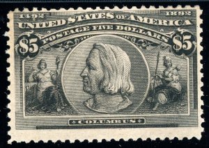 USAstamps Unused FVF US 1893 $5 Columbian Expo Scott 245 OG MH +Cert SCV $2400+