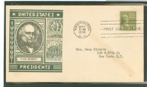 US 813 1938 8c Van Buren (part of the presidential/prexy series) single on an addressed first day cover with a Staehle cachet.