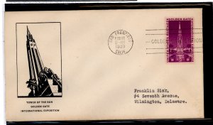 US 852 1939 3c Golden Gate International Exposition on an addressed (typed) FDC with a cachet from an unknown publisher