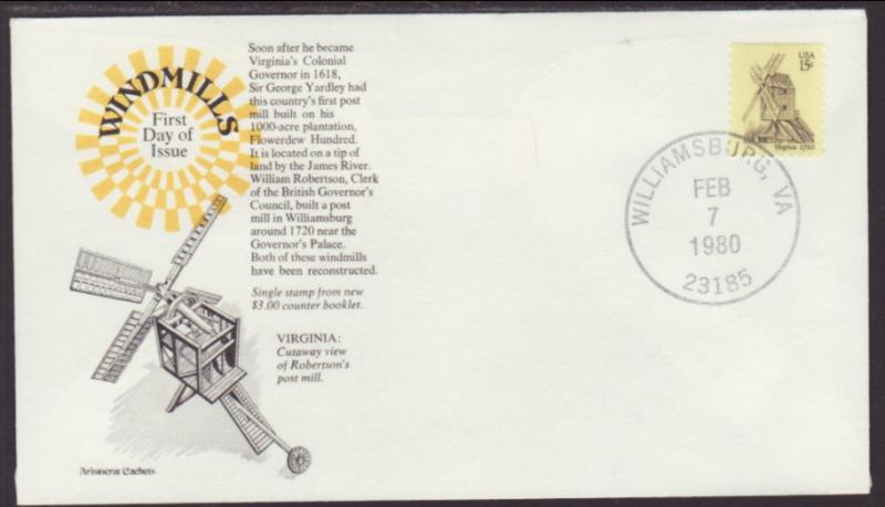 US Virginia Windmill 1980 Anderson U/A FDC BIN