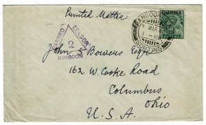 Burma 1940 Rangoon cancel on unsealed letter rate cover to the U.S., censored