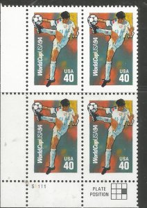 US  2835  MNH,  PLATE BLOCK,  WORLD CUP '94